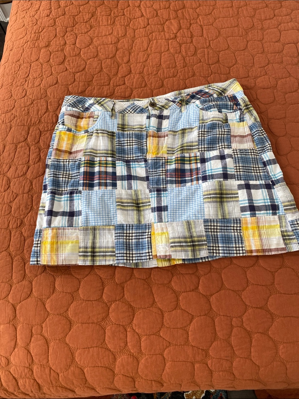 Faded Glory Patchwork Plaid Mini Skort in Blue, Yellow and White